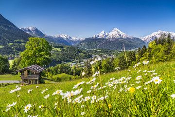 Wall Mural - Idyllic landscape in the Alps with mountain lodge in spring