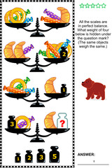Visual math puzzle with scales, weights, baked goods and candies