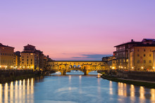 Twilight Of Ponte Vecchio The Ancient Bridge Of Florence, Italy.