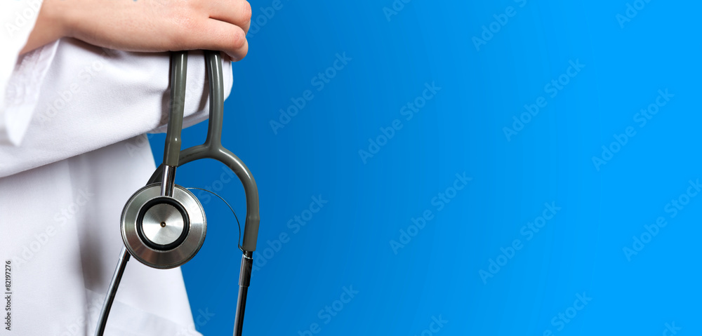 Medical blue background doctor with a stethoscope - obrazy, fototapety, plakaty 