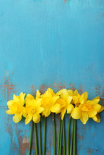 Beautiful Bouquet Of Yellow Daffodils On Wooden Background