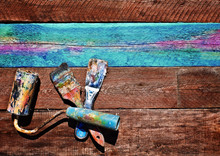 Spatula, Roller And Brush On A Wooden Background. Old Painting T