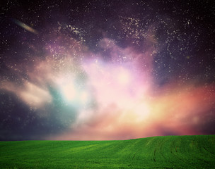 Wall Mural - Field of grass under dream galaxy sky, space, glowing stars.