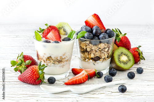 Naklejka na meble Healthy breakfast with muesli in glass, fresh berries and yogurt