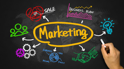 Wall Mural - marketing with business graph and chart hand drawing on blackbo