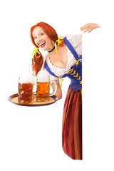 Wall Mural - Happy Woman in Traditional Costume with Beer Holding a Sign