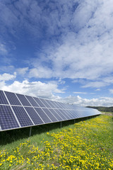 Solar Power Station on the spring flowering Meadow