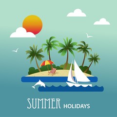 Wall Mural - Summer holiday vector poster. Beautiful island paradise.