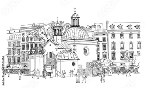 Naklejka ścienna The town square in Krakow. Poland. Black & white vector sketch