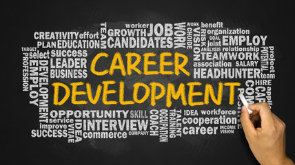 Wall Mural - career development with related word cloud hand drawing on black