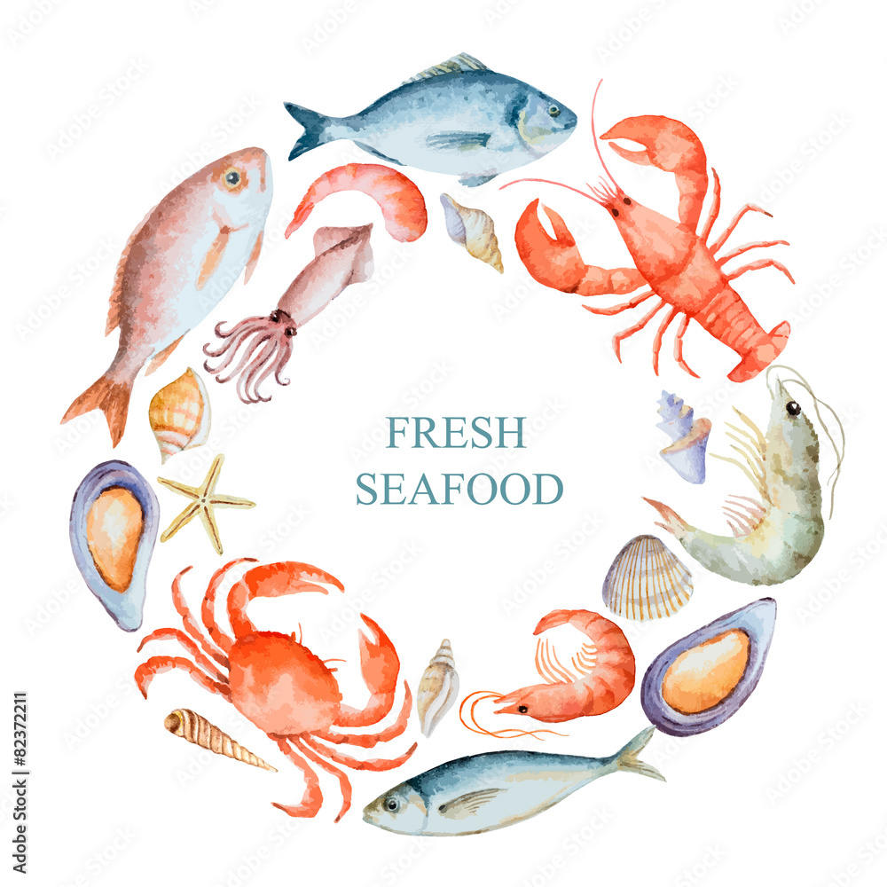 Watercolor set of seafood Stock Vector | Adobe Stock