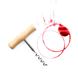 Wall Mural - Wine stains and corkscrew isolated on white