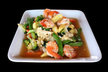 Stir Fry Mixed Vegetables And Shrimp In White Dish