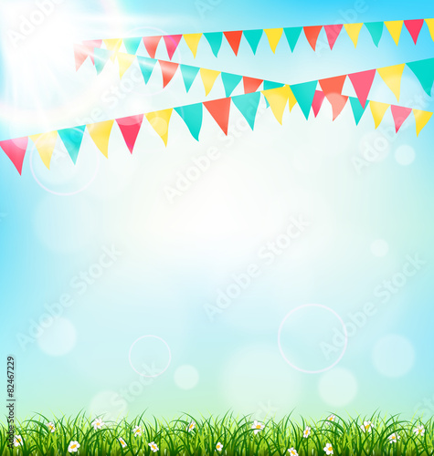 Fotografia Celebration background with buntings grass and sunlight on sky b