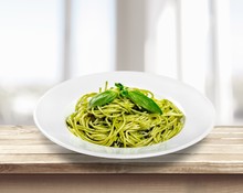 Pasta. Italian Pasta Spaghetti With Pesto Sauce And Basil Leaf