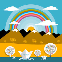 Poster - Mountains Vector Landscape Nature Paper MountainsRainbow