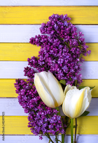 Plakat na zamówienie Two yellow tulips, lilac flowers and colored wooden background