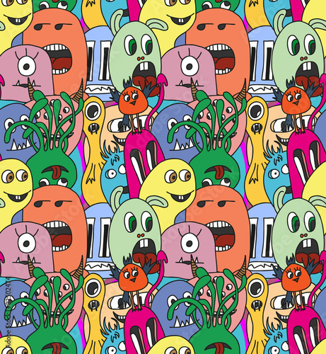 Naklejka ścienna Doodle monsters seamless pattern.