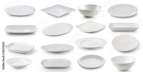 Fotografía white ceramics plate and bowl isolated on white background