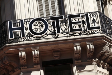 Hotel entrance sign in Paris France small luxury French vacation holiday city break photo