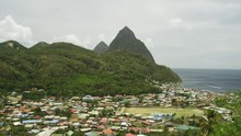 WS HA PAN Overview Of Village With Mountain Peak / Soufriere, St. Lucius, Caribbean