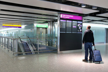 Man with suitcase looking at flight connections information.