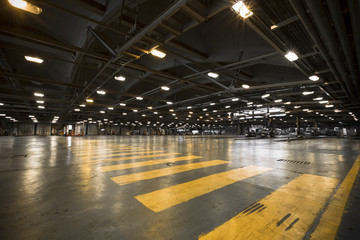 inside an old bus garage, hall,