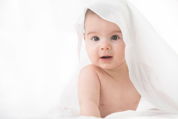 Wall Mural - Cute baby boy on white background.