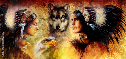 Dekoracja na wymiar  malowanie-mlodego-indianina-i-kobiety-z-wilkiem-i-orlem