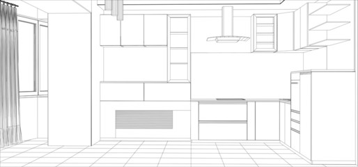 Wall Mural - Kitchen vector sketch interior. Illustration created of 3d