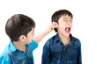 © wckiw - Little sibling boy fighting by pulling ear his brother on white