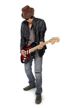 Blues Guitarist Playing His Cool Solo, Isolated On White