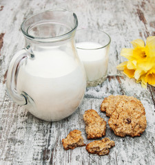 Canvas Print - jug with milk and oatmeal cookies