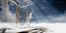 Gates Of Heaven Concept Wrapped In Wings And Ornaments Over Raised Stair (version 1 - Dark Atmosphere) - 3d High Resolution Rendering.	