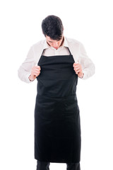 Sticker - Young chef or waiter wearing black apron isolated