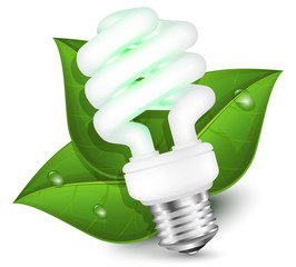 Wall Mural - Energy saving fluorescent light bulb with green leaf - eco energ