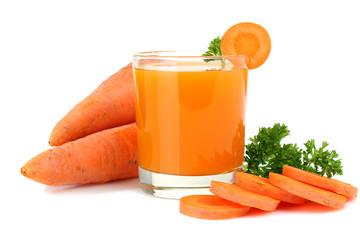 Wall Mural - Glass of fresh healthy juice with carrot isolated on white