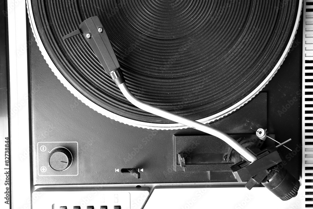 Vintage turntable vinyl record player close up