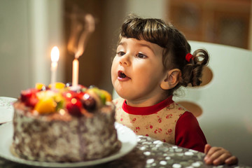 little girl blows out the 2 candles on the cake in her birthday