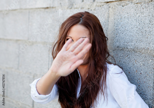 Shy Brunette Girl Covering Her Face Stock Foto Adobe Stock