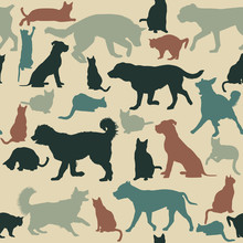 Vintage Seamless Background With Cats And Dogs Silhouettes