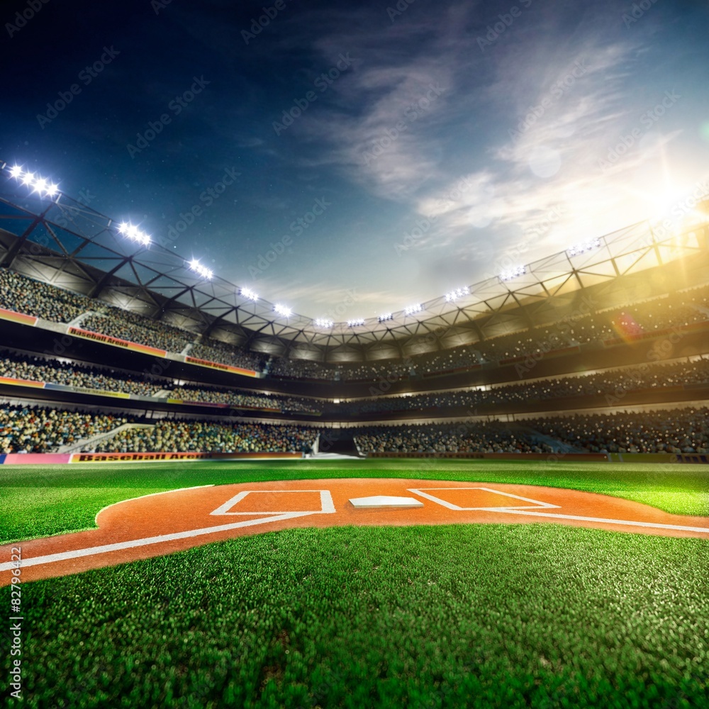 Professional baseball grand arena in sunlight - obrazy, fototapety, plakaty 