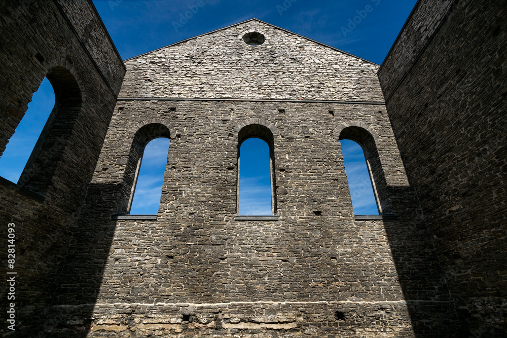 Stone Wall of Ancient Church Ruins with Gothic Windows Stock Photo ...