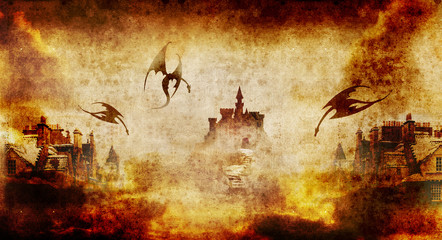 Fototapete - spooky castle and town with dragons
