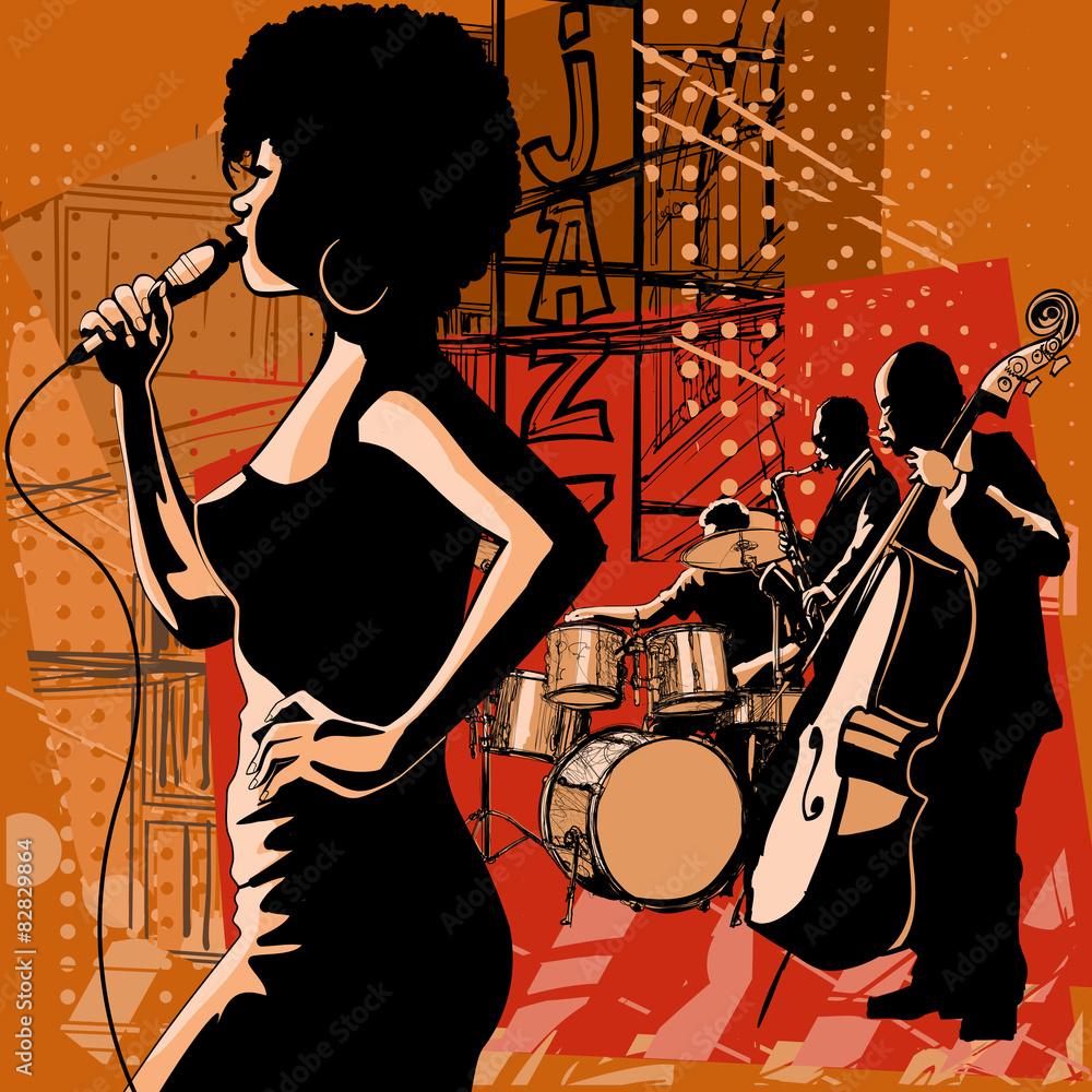 Jazz singer with saxophonist and double-bass player - obrazy, fototapety, plakaty 