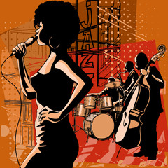 Wall Mural - Jazz singer with saxophonist and double-bass player