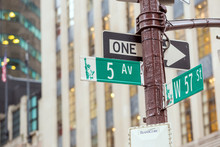 Fifth Avenue Sign In Pedestrian Crossong, Midtown Manhattan