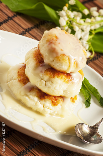 Homemade Cottage Cheese Pancakes With White Sauce Selective Foc