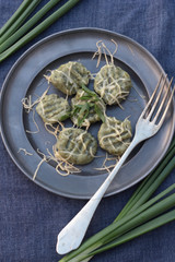 Canvas Print - Gnocchi with spinach and grated cheese on a tin plate.