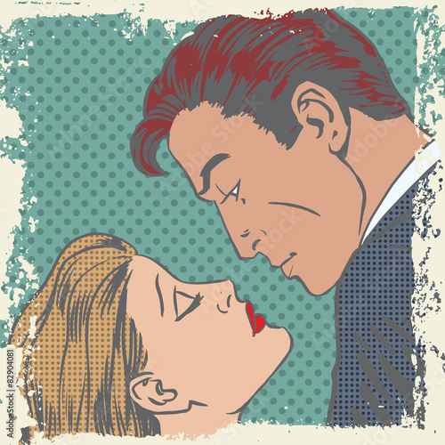 Nowoczesny obraz na płótnie man and woman about to kiss pop art comics retro style Halftone